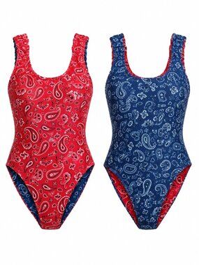 No Boundaries Reversible Bandana One Piece Swimsuit XXS 00 Red/Blue Paisley NWT